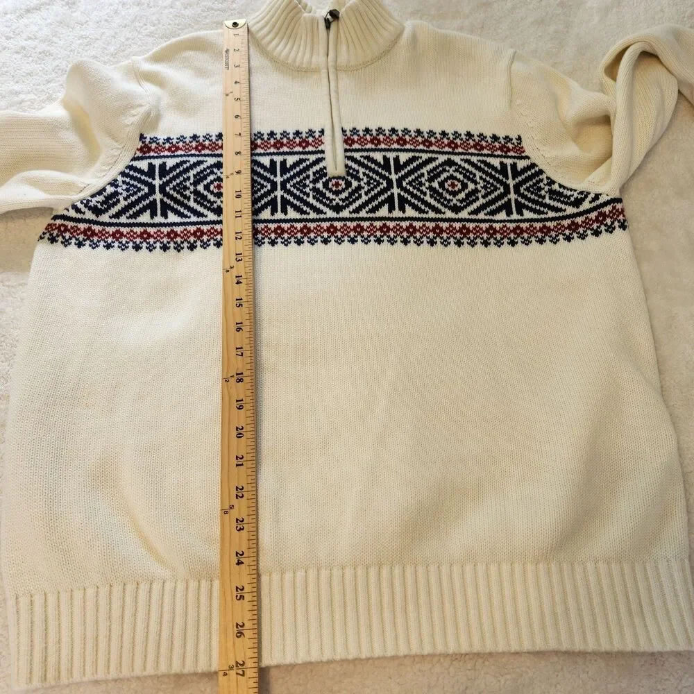 Izod Mens L Knit 1/4 Zip Sweater Ski Lodge Fair Isle Nordic Ivory Navy Red